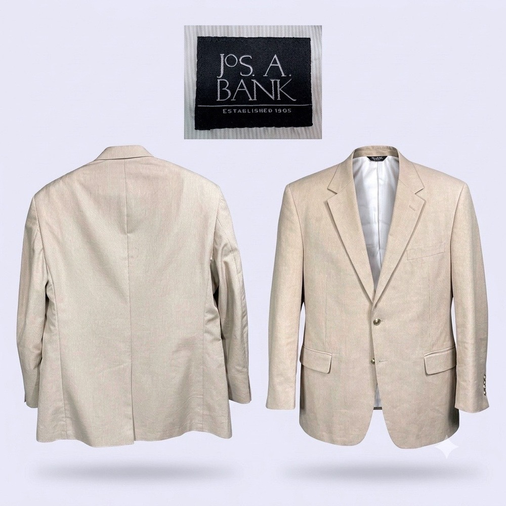 Jos. A. Bank Mens 46R Blazer Sport Coat Khaki Beige Cotton Wool Blend 2-Button